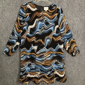 Nine West Shift Dress Swirl Pattern Accordion Pleat Long Sleeve Sz M Lined